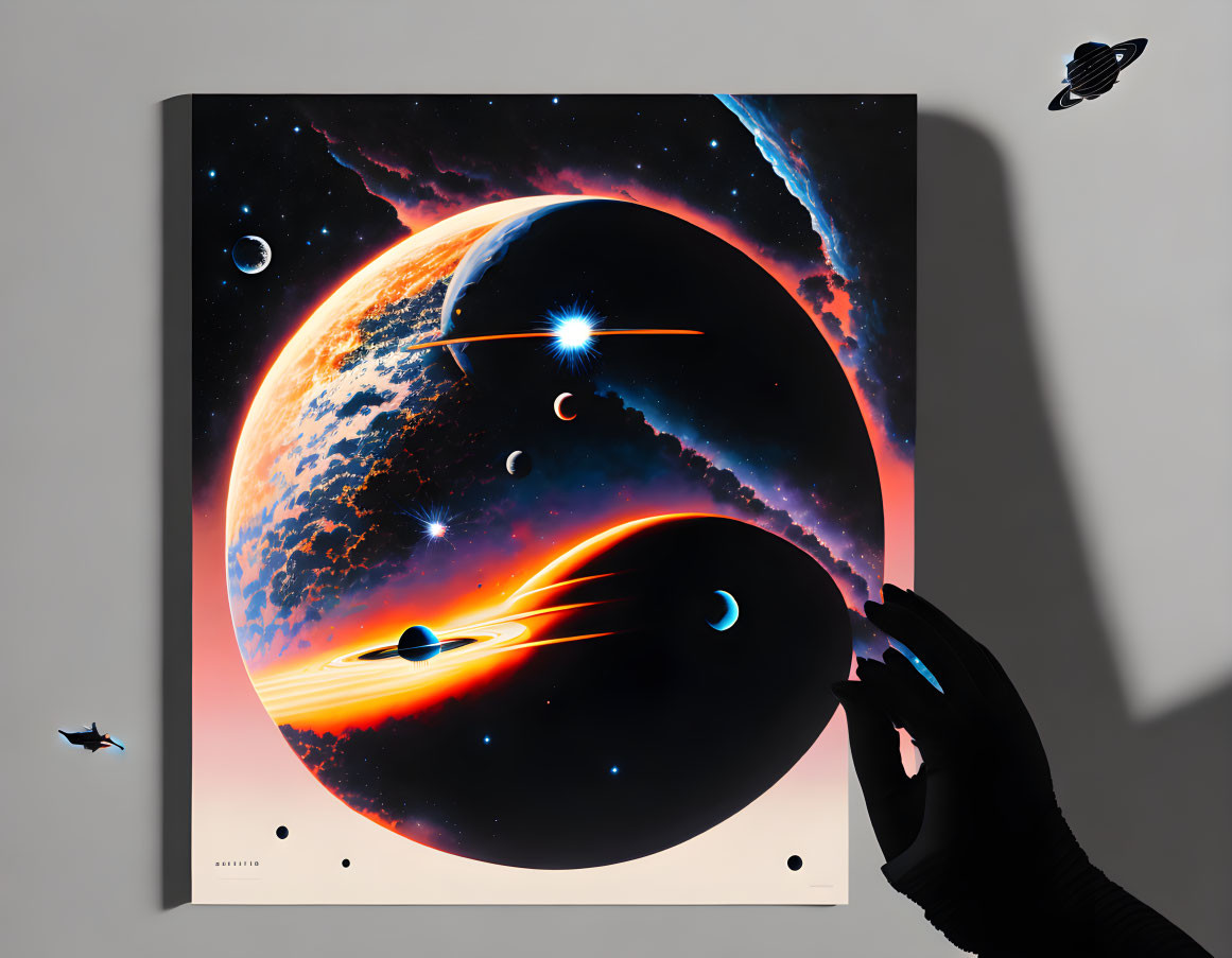 Person in Black Gloves Hanging Outer Space Poster with Planets and Stars