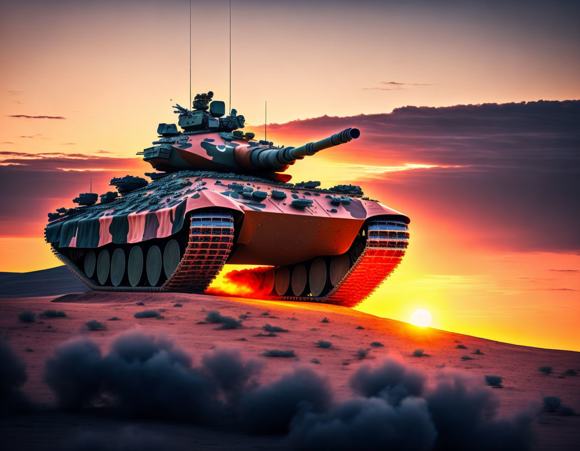 Military tank navigating desert at sunset with sand clouds and orange sky.