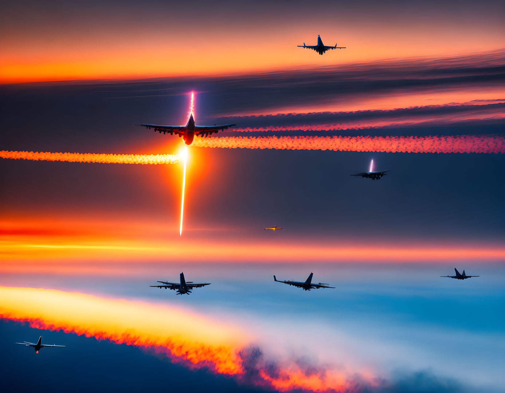 Airplanes flying at various altitudes against vibrant sunset sky with visible contrails