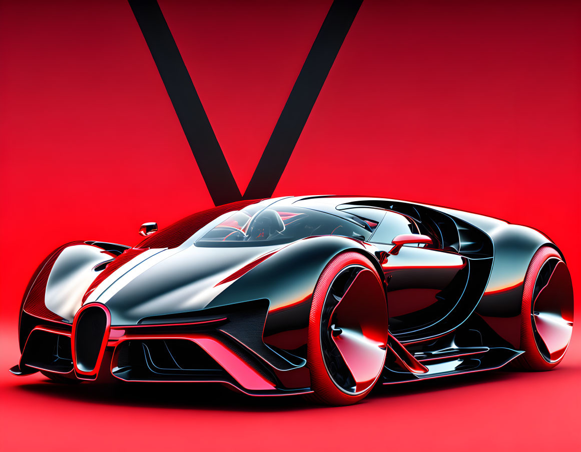 Sleek black and red sports car on vibrant red backdrop