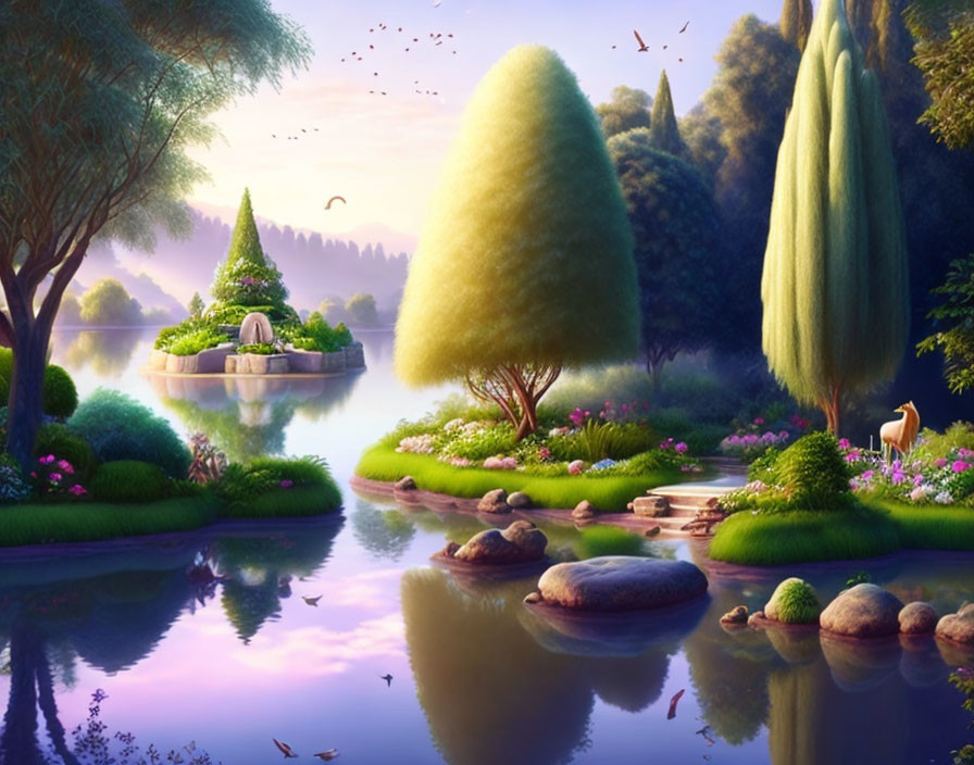 Tranquil fantasy landscape with green trees, calm lake, flowers, rocks, swan, and