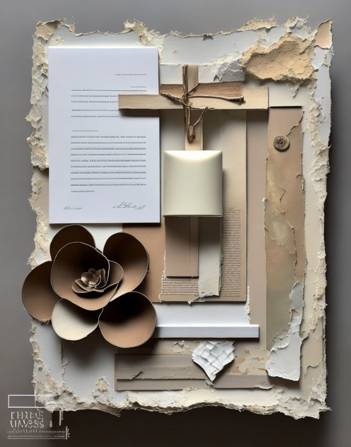 Neutral Toned Aesthetic Mood Board with Textured Paper Edges and Paper Flowers