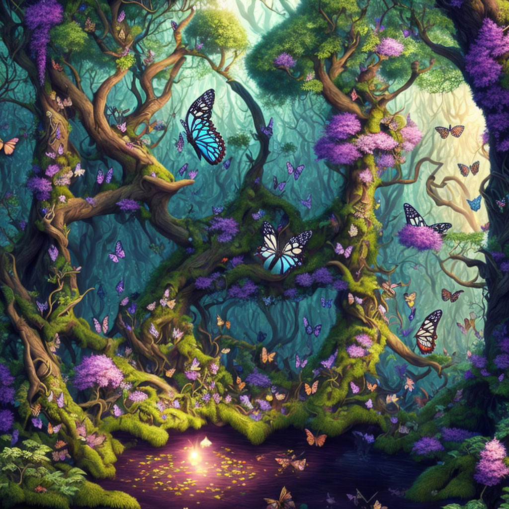 Lush green forest scene with twisted trees, purple flowers, and colorful butterflies