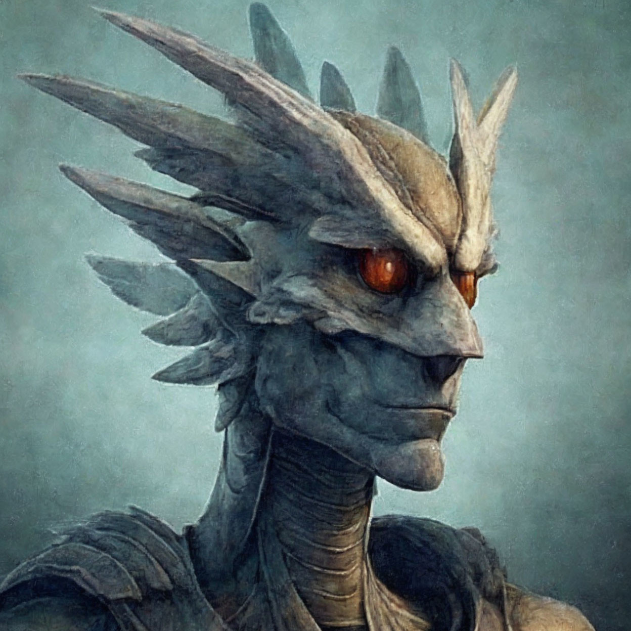 Fantasy creature with spiky head crests, orange eyes, and grey skin