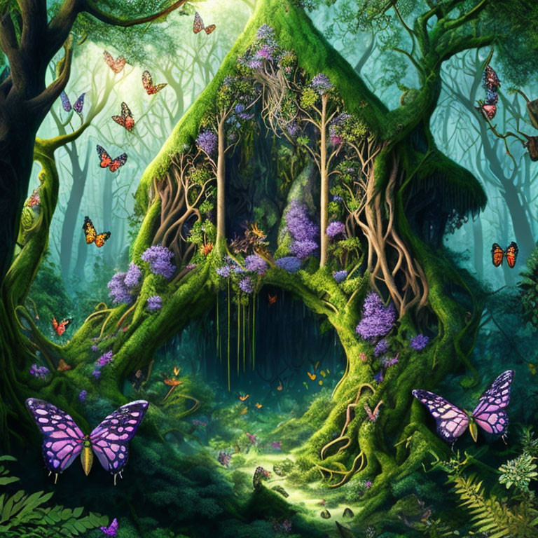 Enchanting forest scene with butterfly-shaped clearing