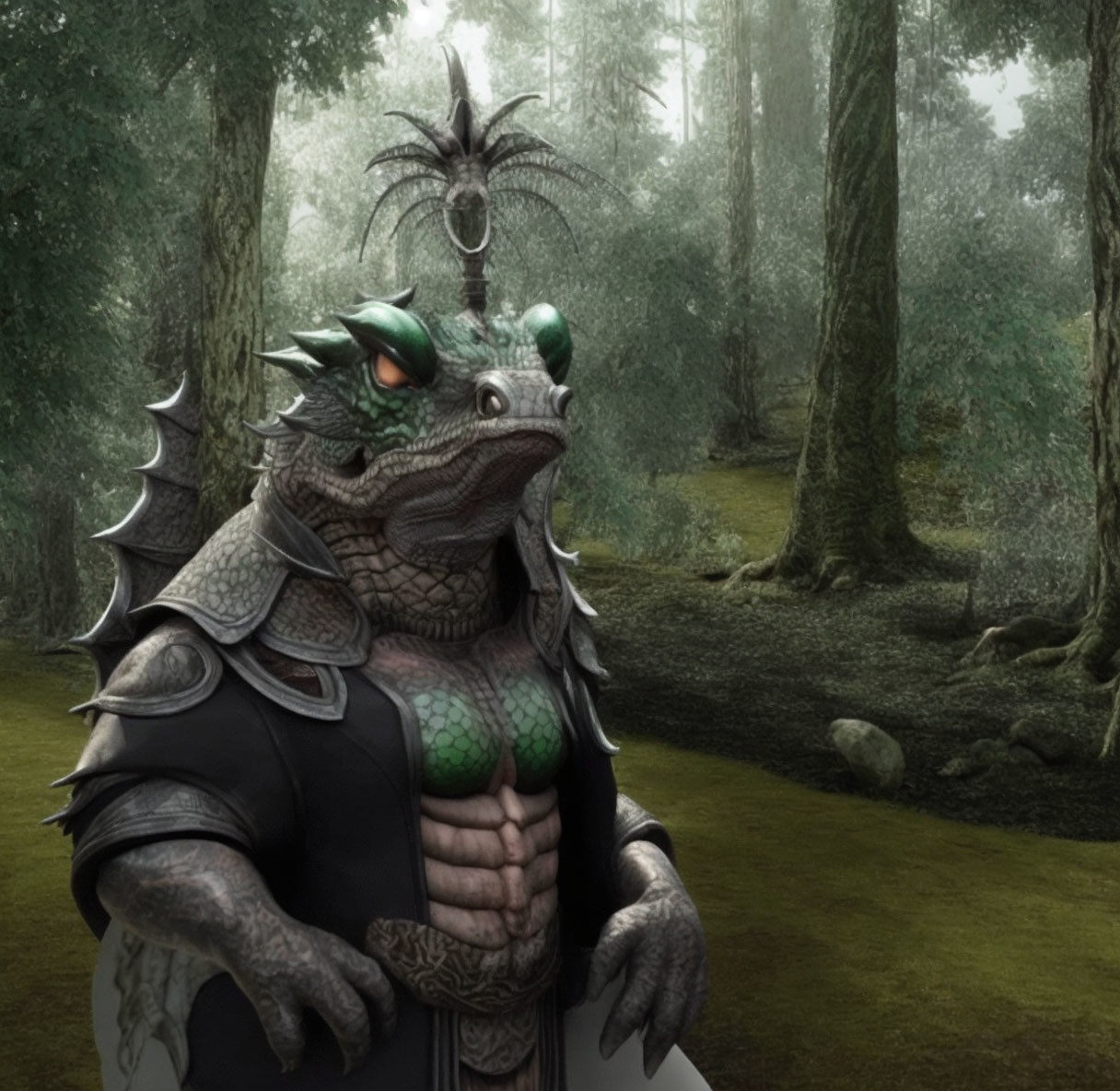 Anthropomorphic lizard warrior in misty forest with armor and crest