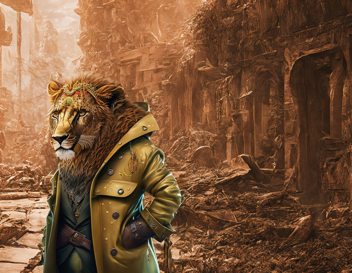 Stylish anthropomorphic lion in green jacket in fantasy setting