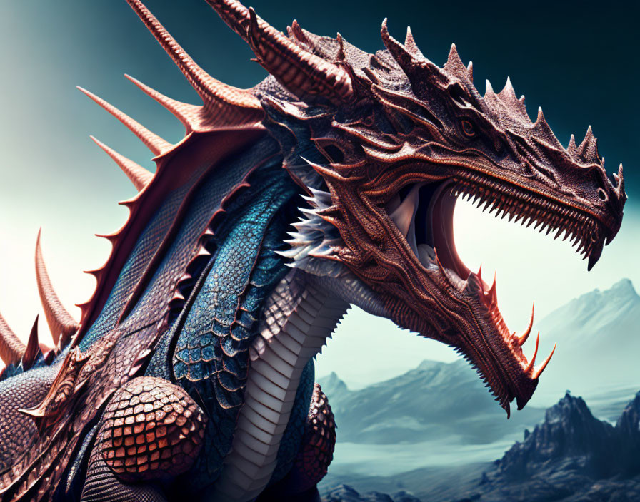 Detailed Image: Fierce Dragon with Red and Blue Scales on Mountainous Background