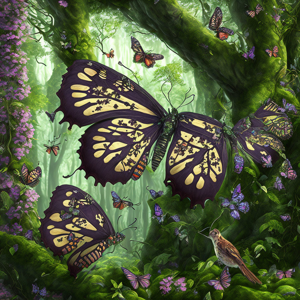 Colorful giant butterfly surrounded by intricate patterns in lush forest scene