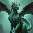 Detailed Green Dragon Illustration with Large Wings, Sharp Horns, and Scales against Misty Forest