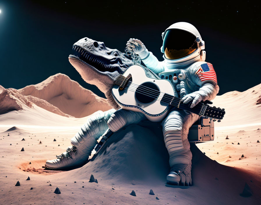 Astronaut playing guitar on dinosaur skeleton in moon landscape