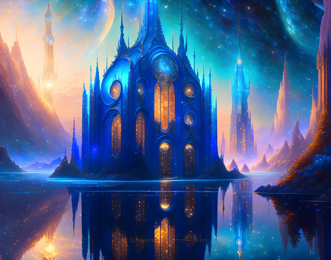 Glowing blue castle reflected on calm water under aurora-filled sky