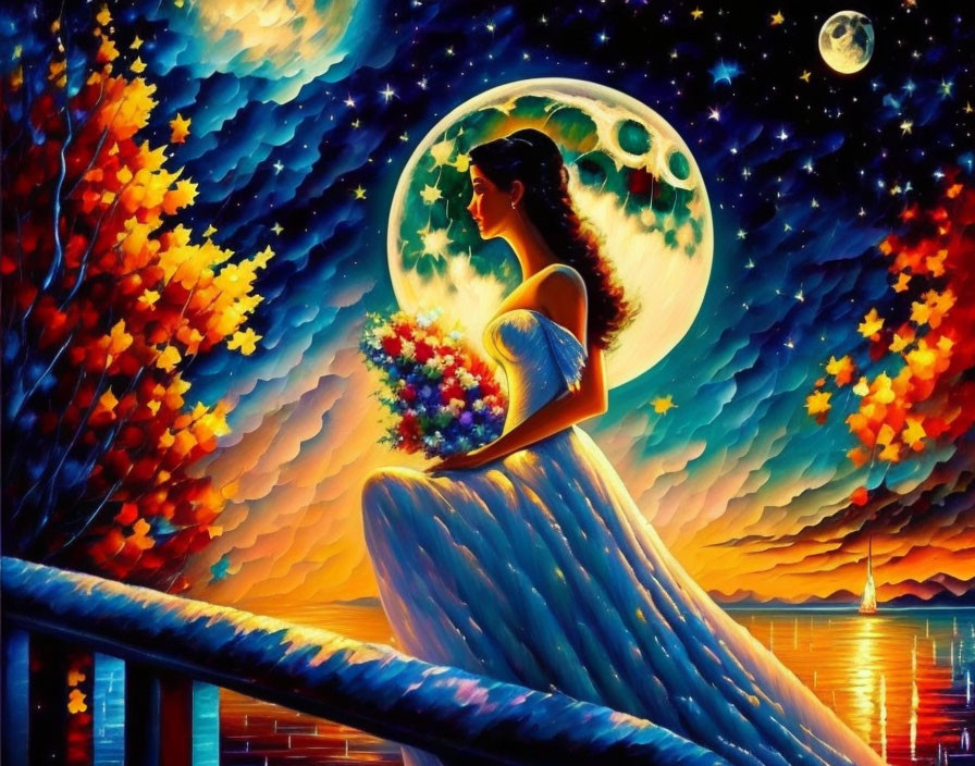 Woman in flowing dress on bridge with bouquet under vibrant sunset, starry sky, and full moon