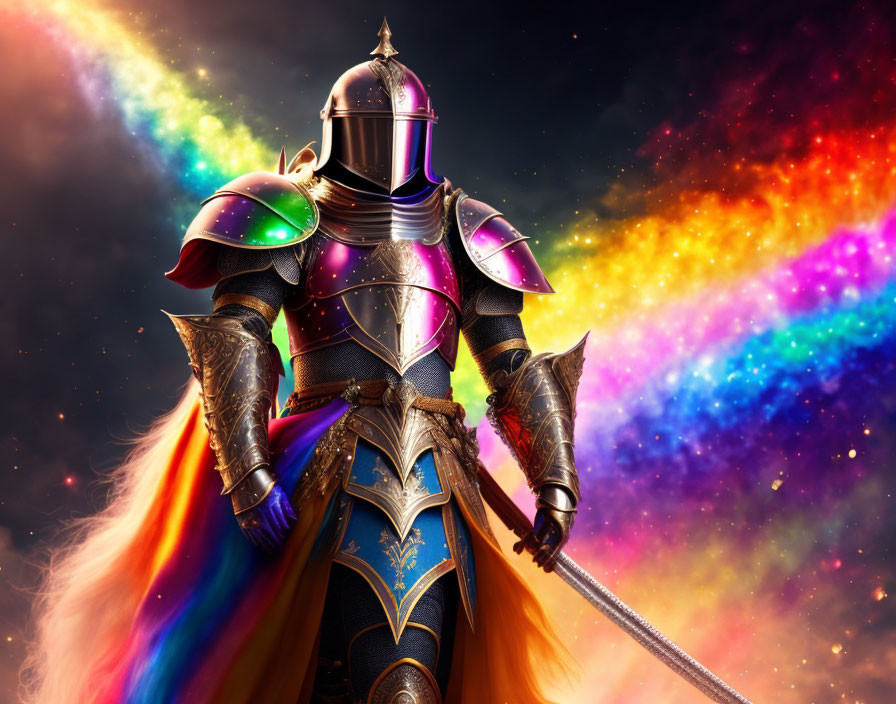 Knight in ornate armor with sword in cosmic backdrop