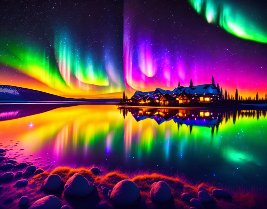 Starry night sky with vibrant aurora borealis over tranquil lake