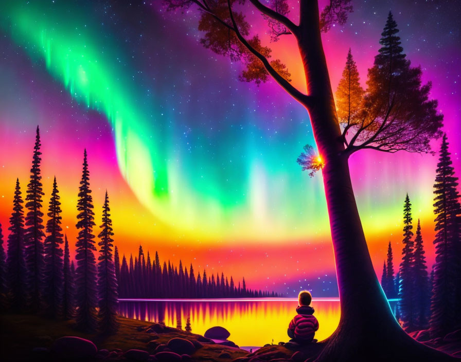 Person admires aurora borealis over serene lake & pine trees