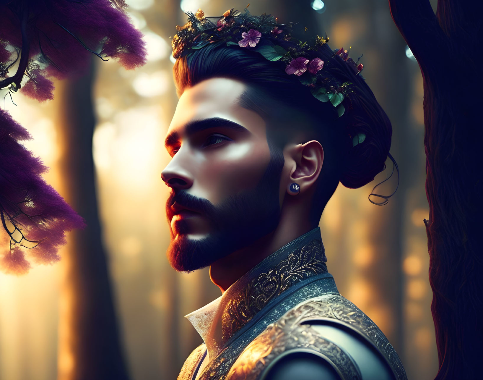 Bearded man with flower crown in mystical forest portrait