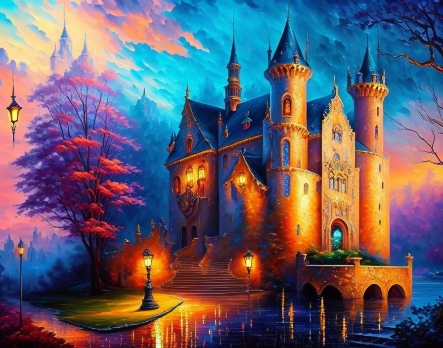 Twilight castle with vivid colors and magical ambiance