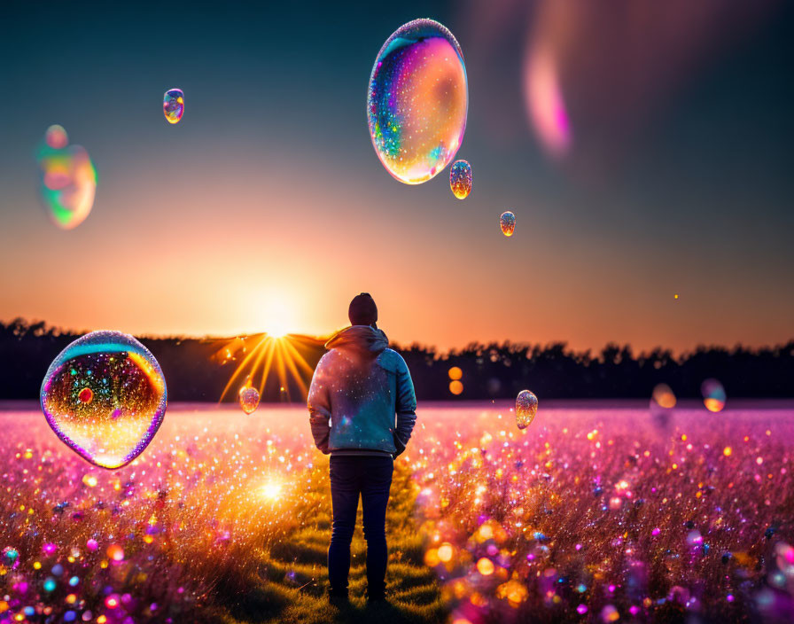 Person in Field at Sunset with Iridescent Soap Bubbles and Pink Flowers