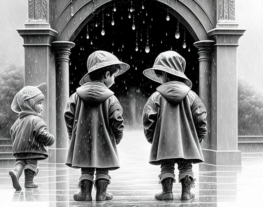 Three children in raincoats and boots under archway during rain.