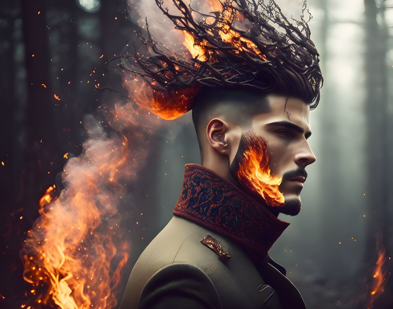 Fiery beard and hair in fantasy portrait against misty forest.