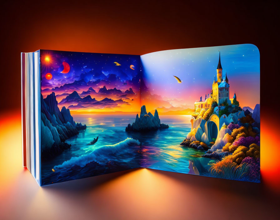 Illustrated fantasy landscape with castle, mountains, ocean, sunset sky.