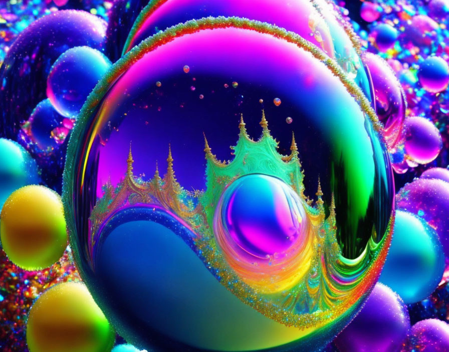 Colorful Soap Bubbles Reflecting Blue, Green, Pink, and Yellow