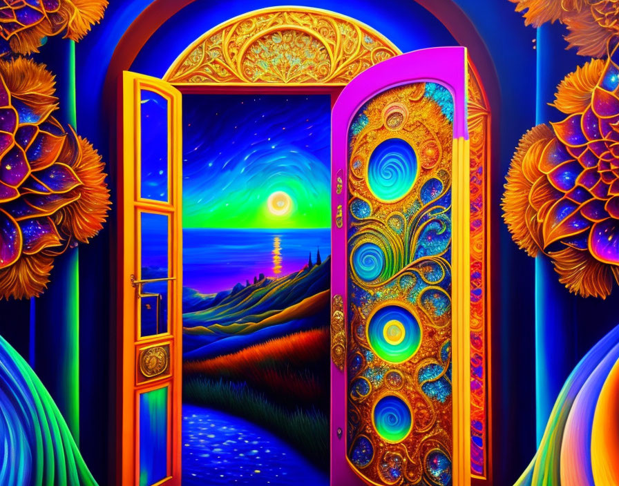 Colorful artwork featuring open door to sunset landscape with peacock feather pattern, floral room.