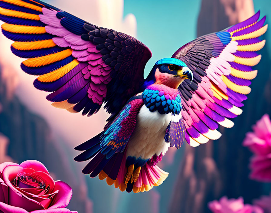 Colorful Fantasy Bird Flying Among Pink Flowers and Rocks