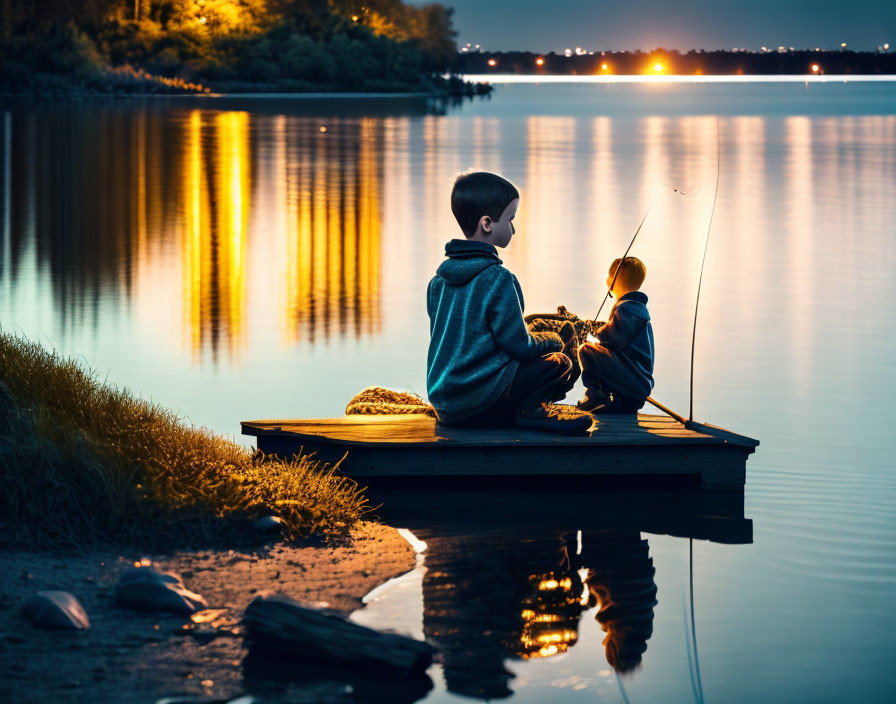 Children fishing on wooden dock at tranquil lake at dusk