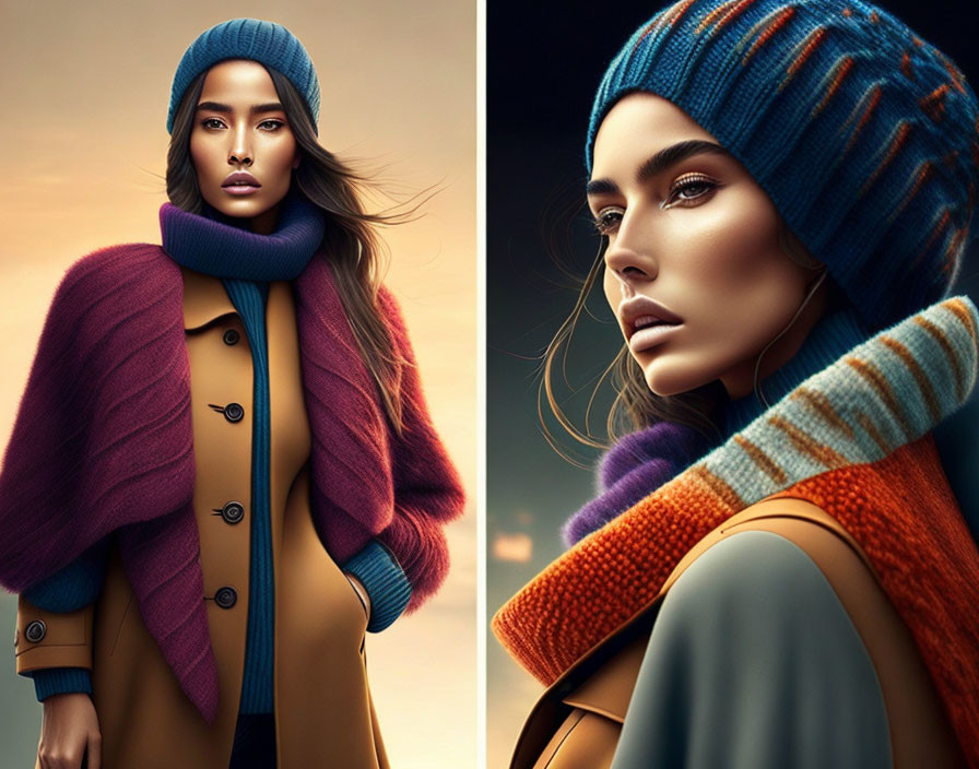 Autumn fashion photoshoot: Women in colorful knitted hats & scarves with elegant coats