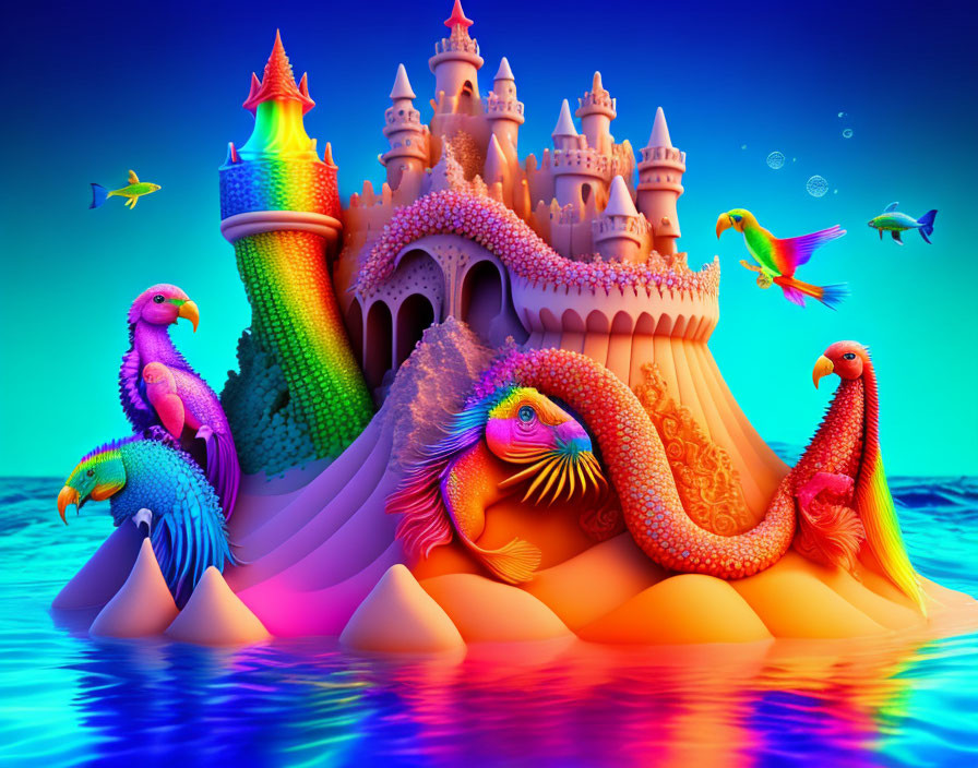 Colorful Fantasy Castle Emerges from Ocean Amid Whimsical Sea Creatures