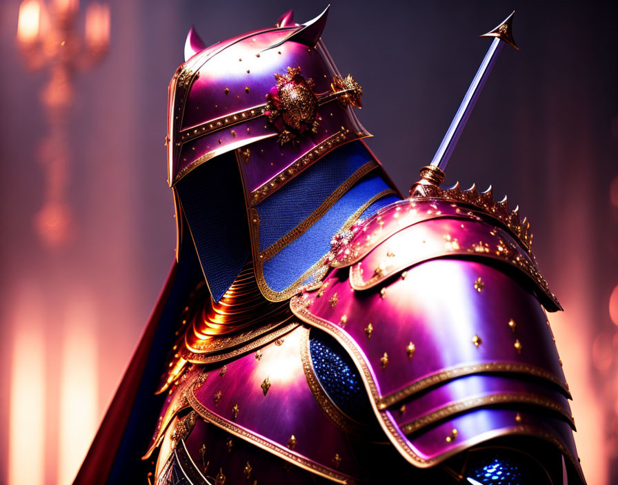 Intricate purple and gold accented suit of armor on soft-focus background