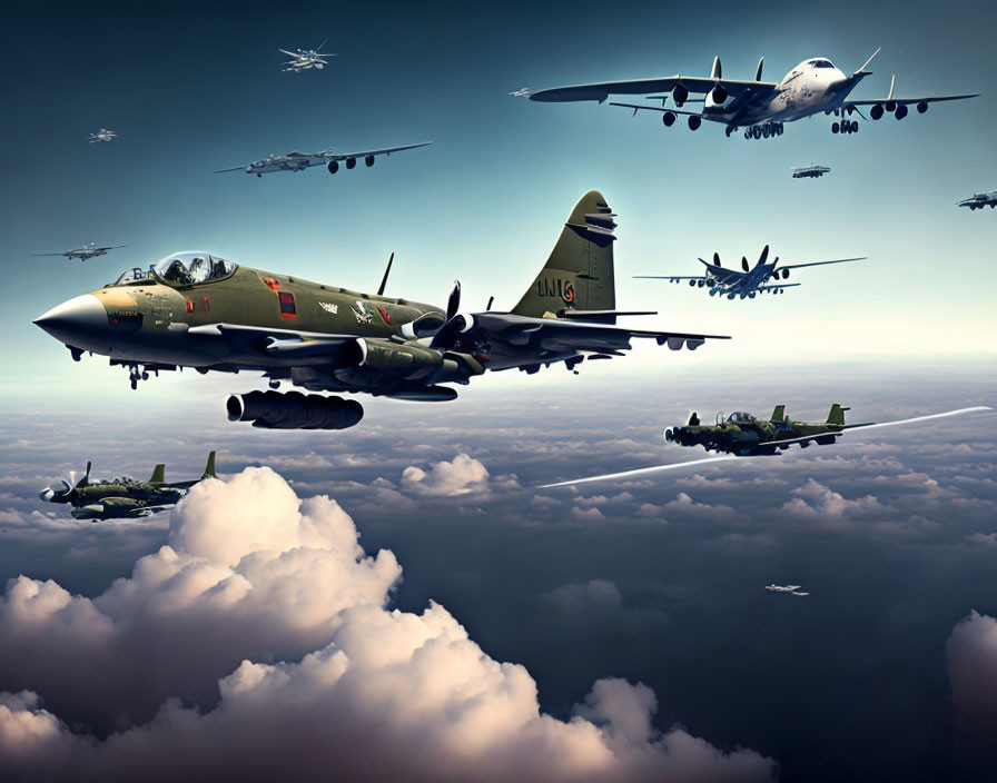 Military aircraft squadron in formation above clouds with jet fighters and larger planes against dynamic sky