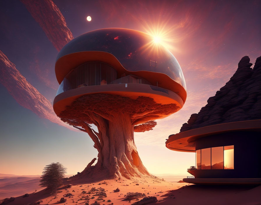 Futuristic desert houses under two moons and a glowing sun