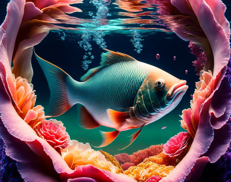 Colorful coral-framed underwater scene with vibrant fish and rising bubbles