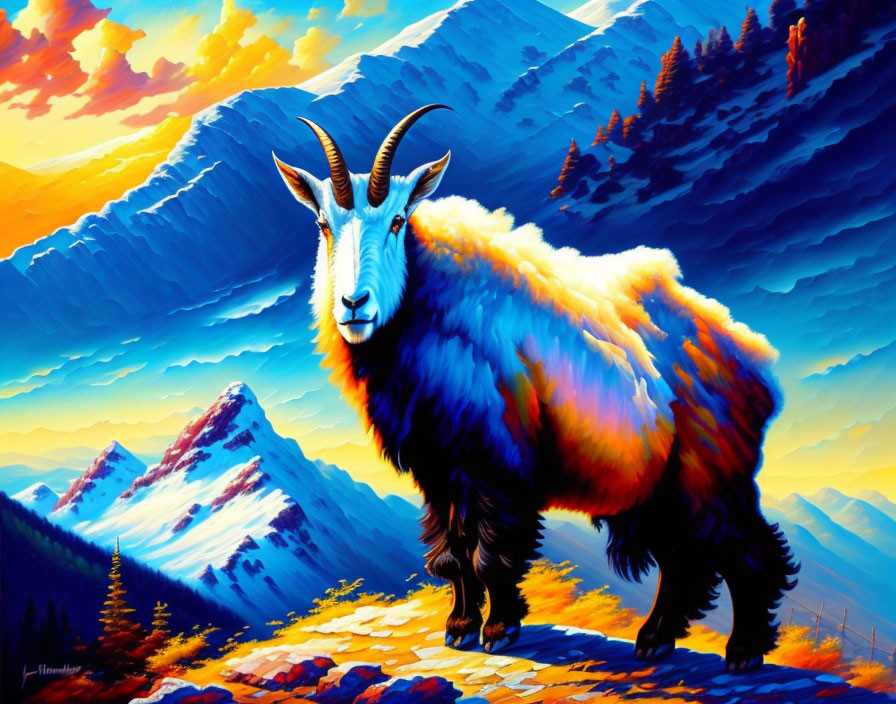 Majestic mountain goat on rugged terrain with layered mountains and vivid sky