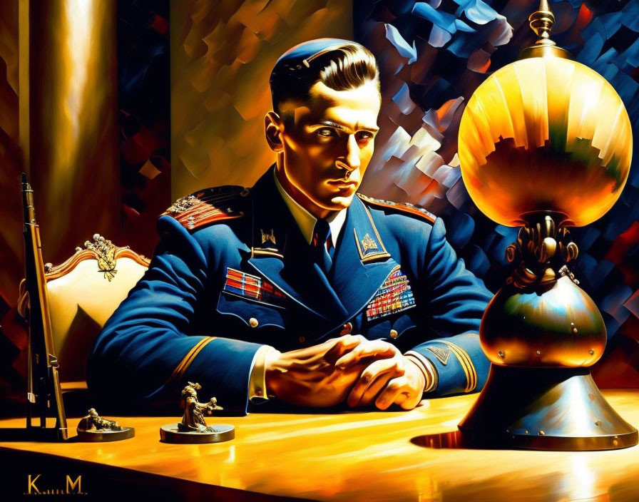 Stylized painting of a man in military uniform at desk with globe, chess piece, and pen