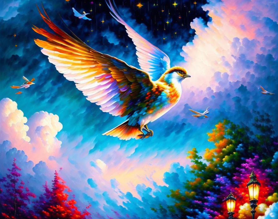 Colorful Bird Flying Among Whimsical Clouds and Stars with Lanterns and Foliage