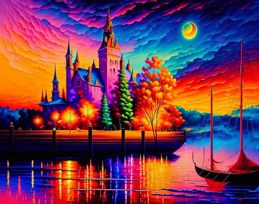 Colorful sunset castle scene with sailboat and wavy sky