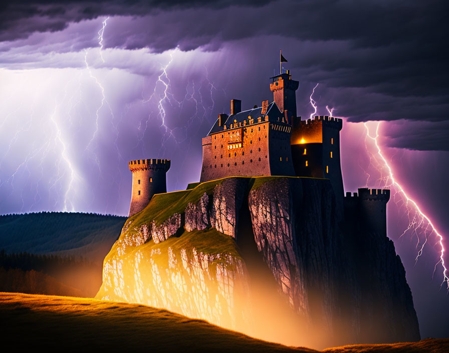 Castle on Cliff Struck by Lightning in Purple Sky