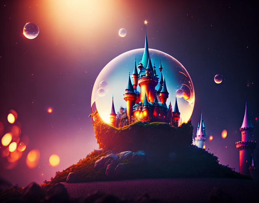 Fantastical castle on floating island in transparent bubble against starry twilight sky