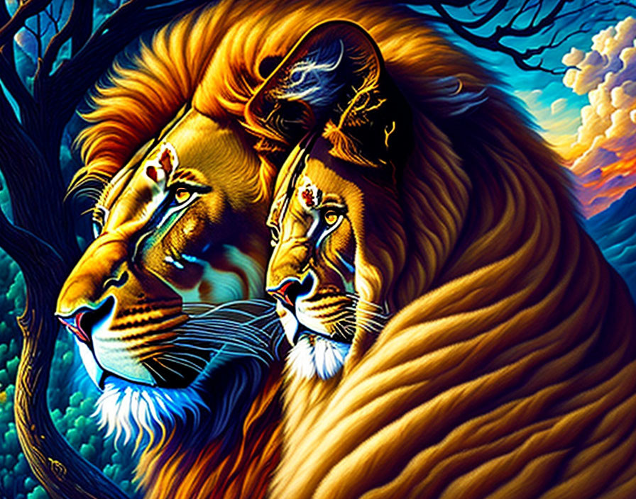 Colorful lion faces art with nature backdrop