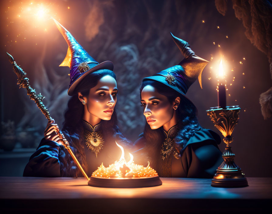 Two witches in pointed hats with wand and candle, gazing into flame in mystical setting