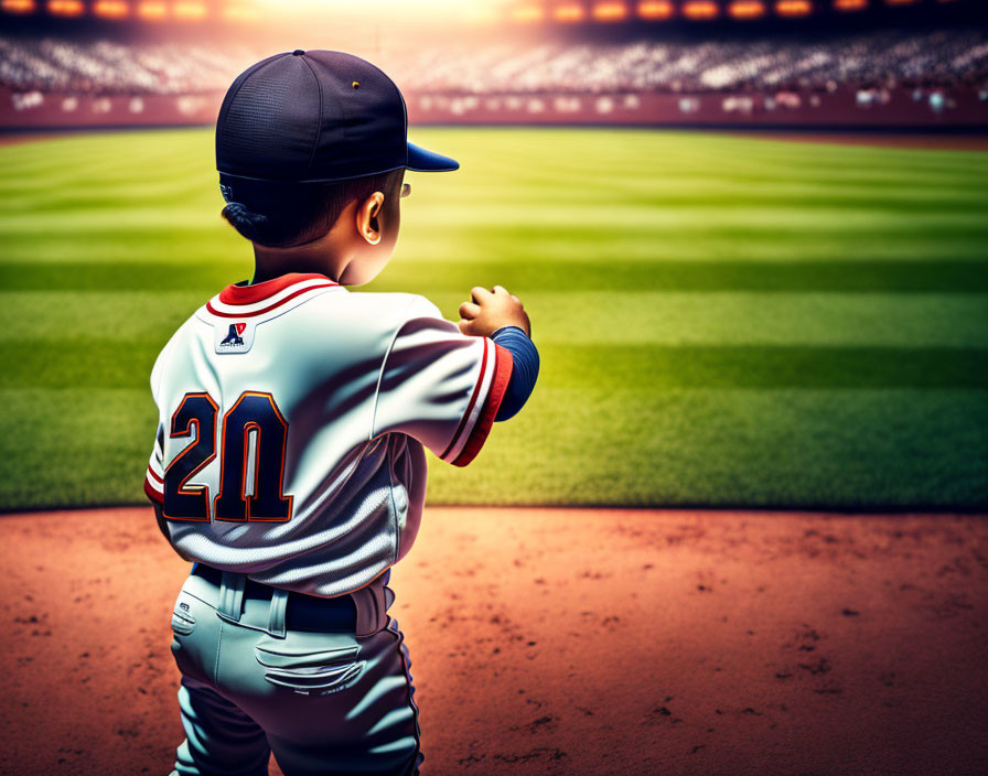 Young baseball player in uniform gazes into stadium from field