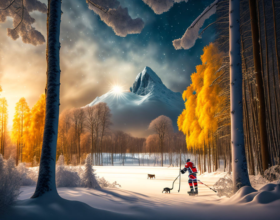 Person and dog walking in snowy forest with autumn trees, twilight sky, mountain backdrop.