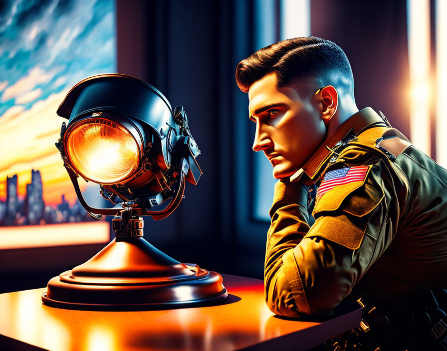 Digital art: man in military uniform gazes at astronaut helmet lamp against city sunset.