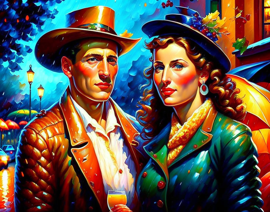 Vintage-styled couple with umbrella in vibrant painting