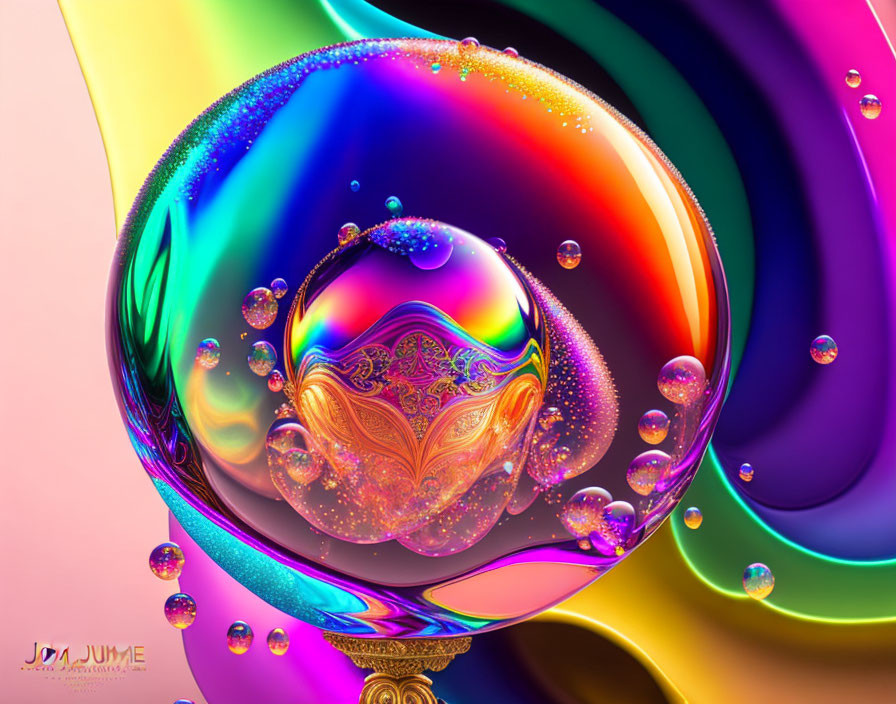 Colorful digital artwork with central bubble and intricate patterns surrounded by smaller bubbles on wavy background