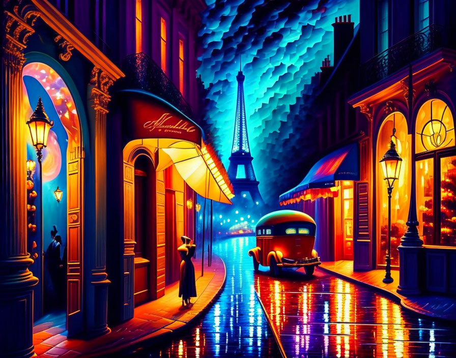 Parisian Street Night Scene with Eiffel Tower, Vintage Car, and Umbrella Person